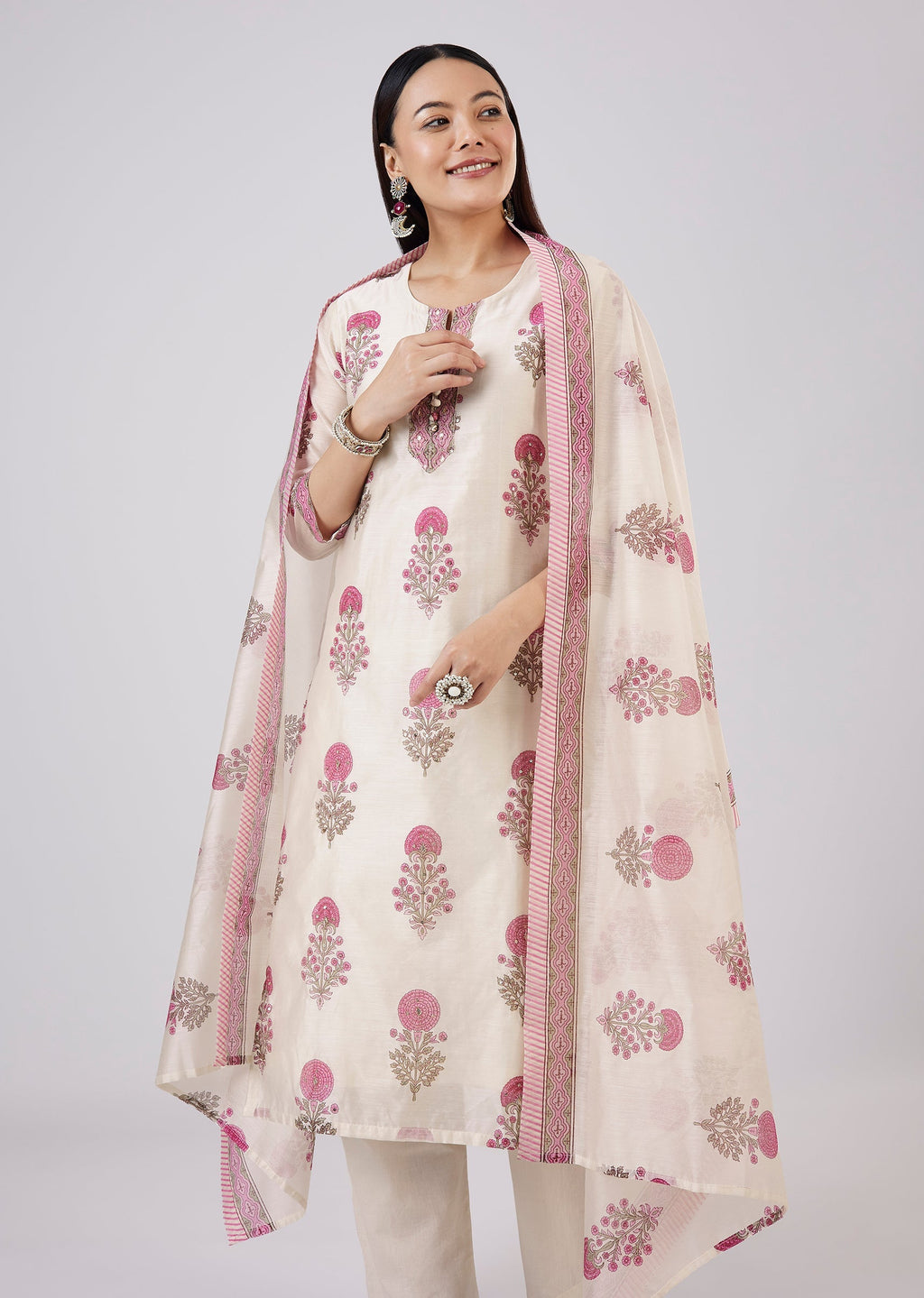 Pink Hand Block Printed Chanderi Kurta Set