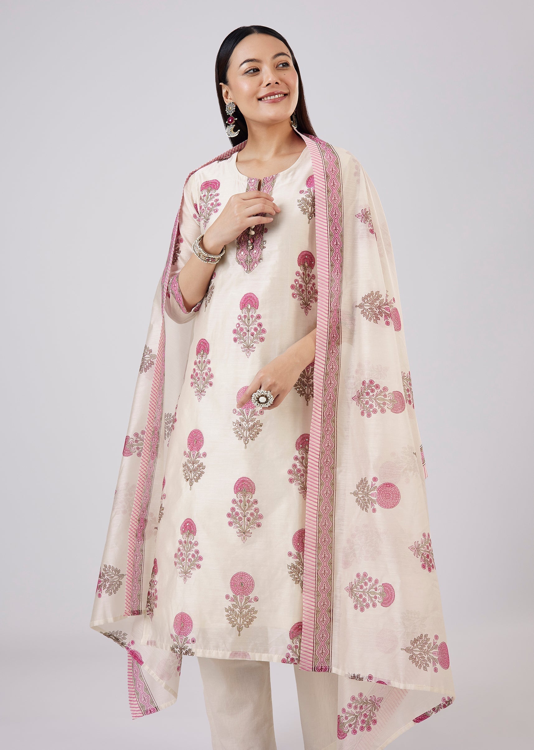 Pink Hand Block Printed Chanderi Kurta Set