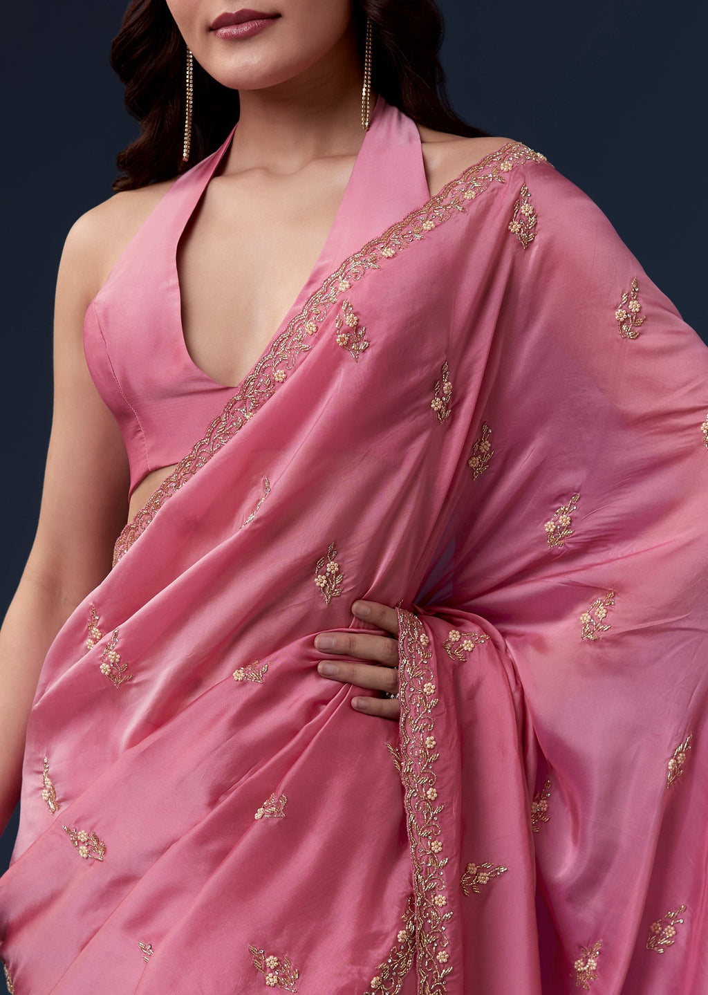 Pink Kora Silk Saree With Cutdana Beads And Stone Embroidery
