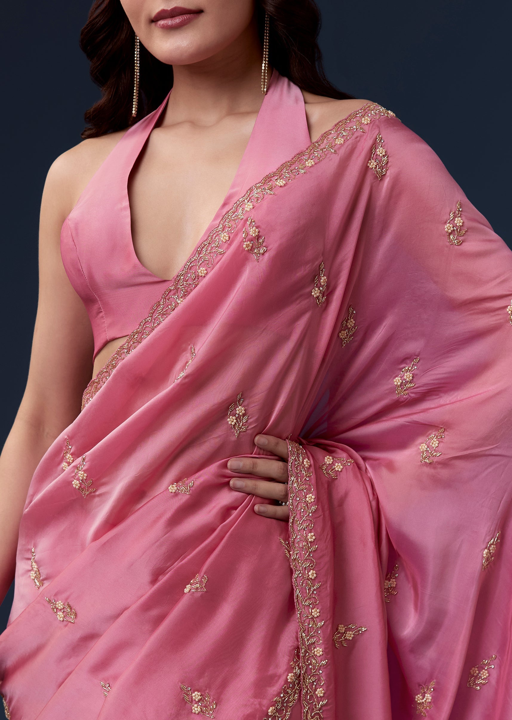 Pink Kora Silk Saree With Cutdana Beads And Stone Embroidery