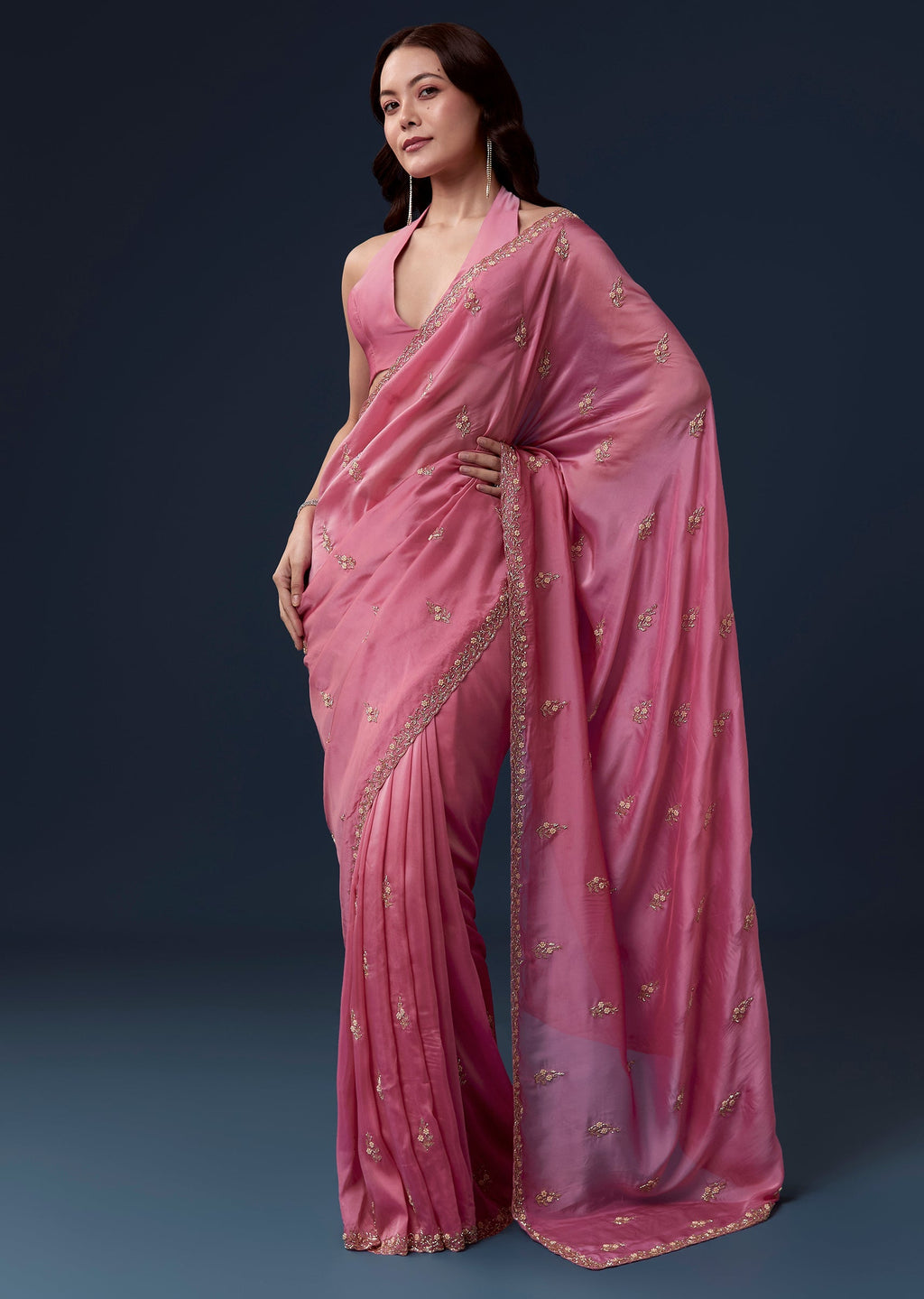 Pink Kora Silk Saree With Cutdana Beads And Stone Embroidery