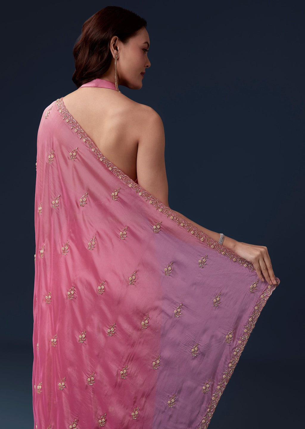 Pink Kora Silk Saree With Cutdana Beads And Stone Embroidery