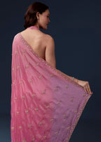 Pink Kora Silk Saree With Cutdana Beads And Stone Embroidery
