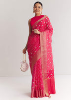 Pink Leheriya Printed Saree With Floral Embroidery