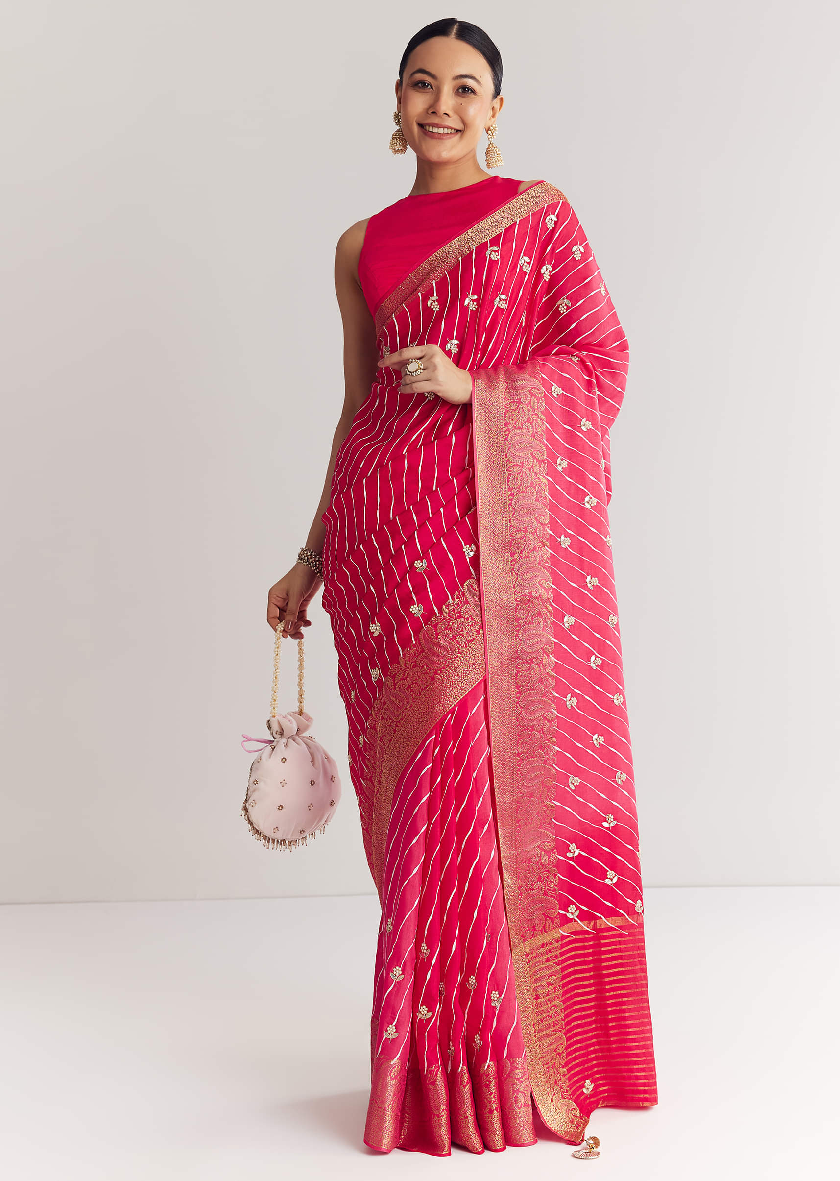 Pink Leheriya Printed Saree With Floral Embroidery
