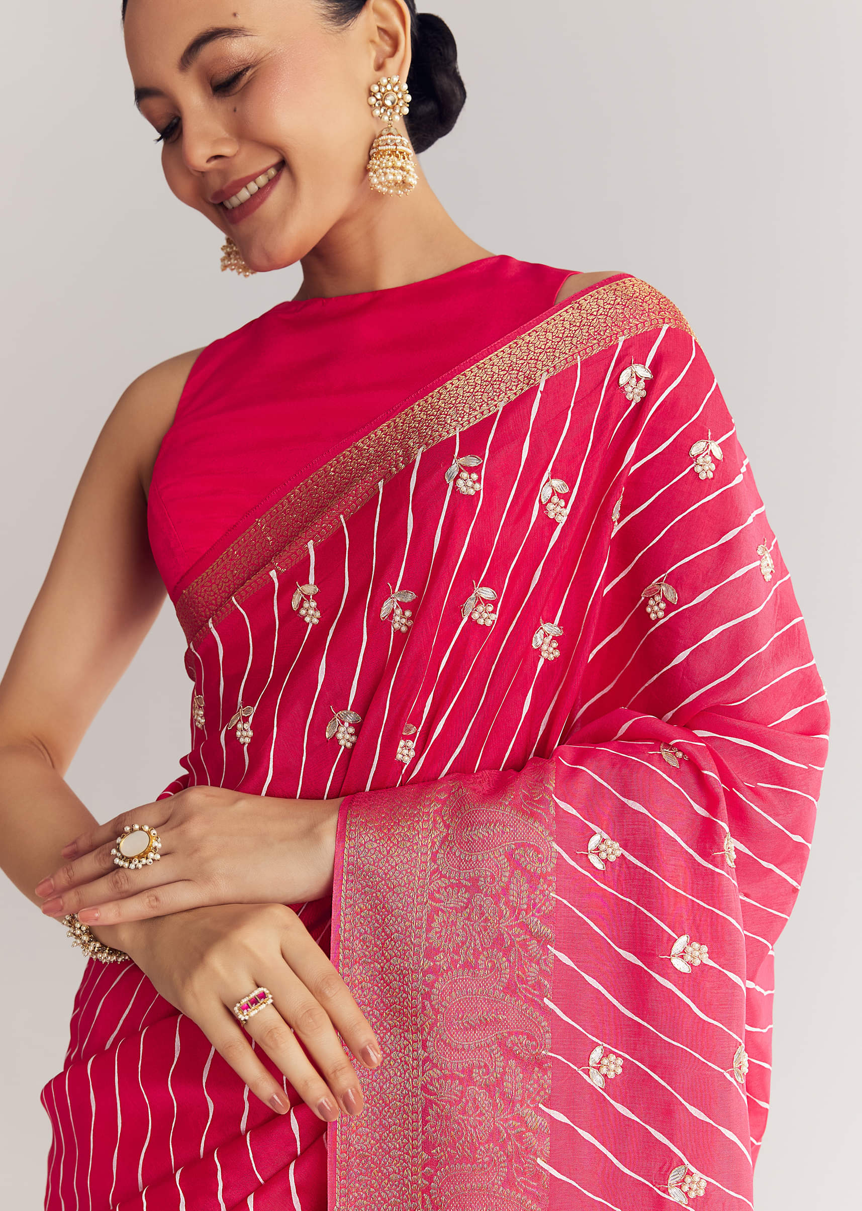 Pink Leheriya Printed Saree With Floral Embroidery