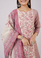 Pink Linen Kurta Set With Embellished Work