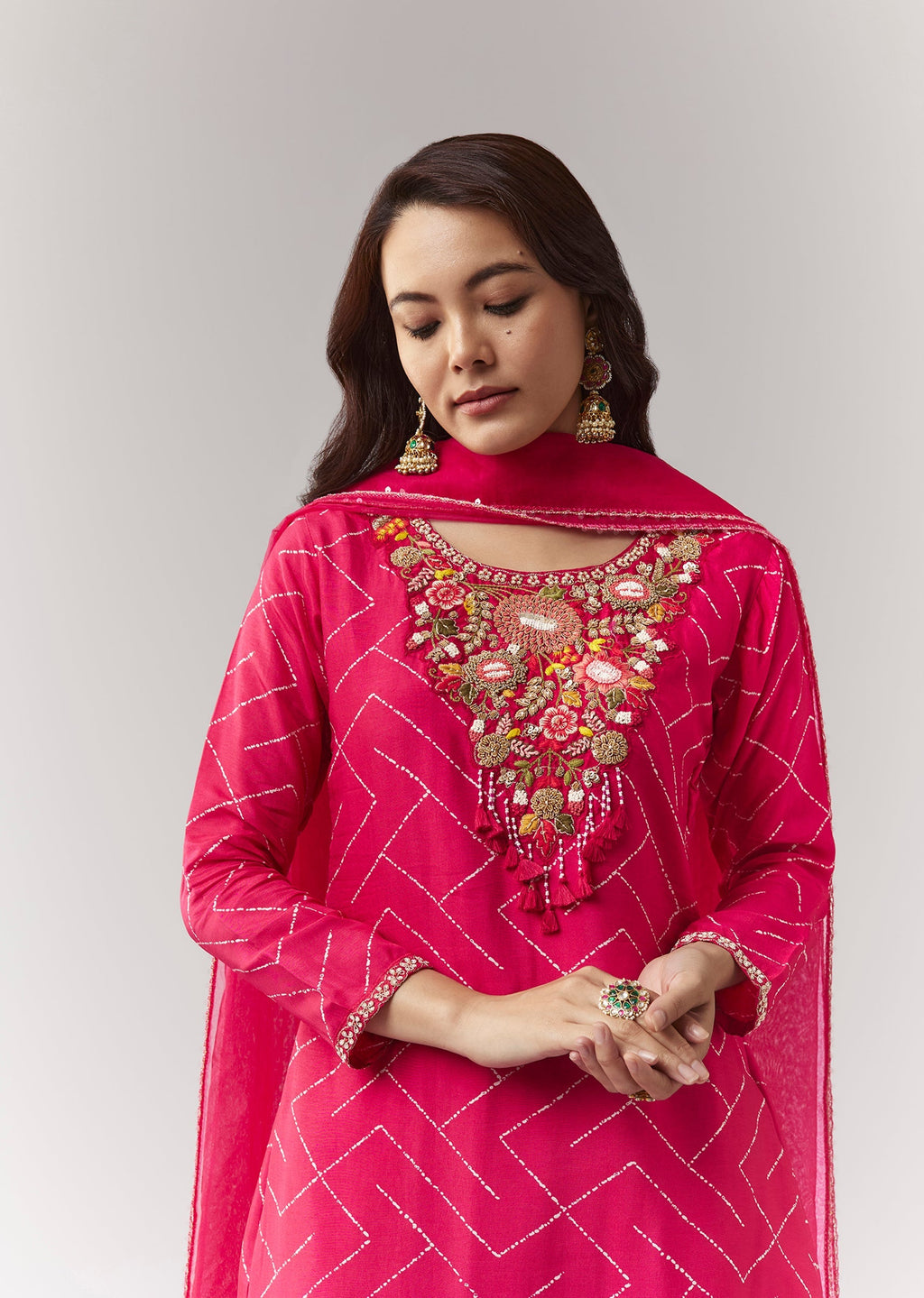Pink Printed Kurta Pant Set With Embroidered Yoke And Dupatta