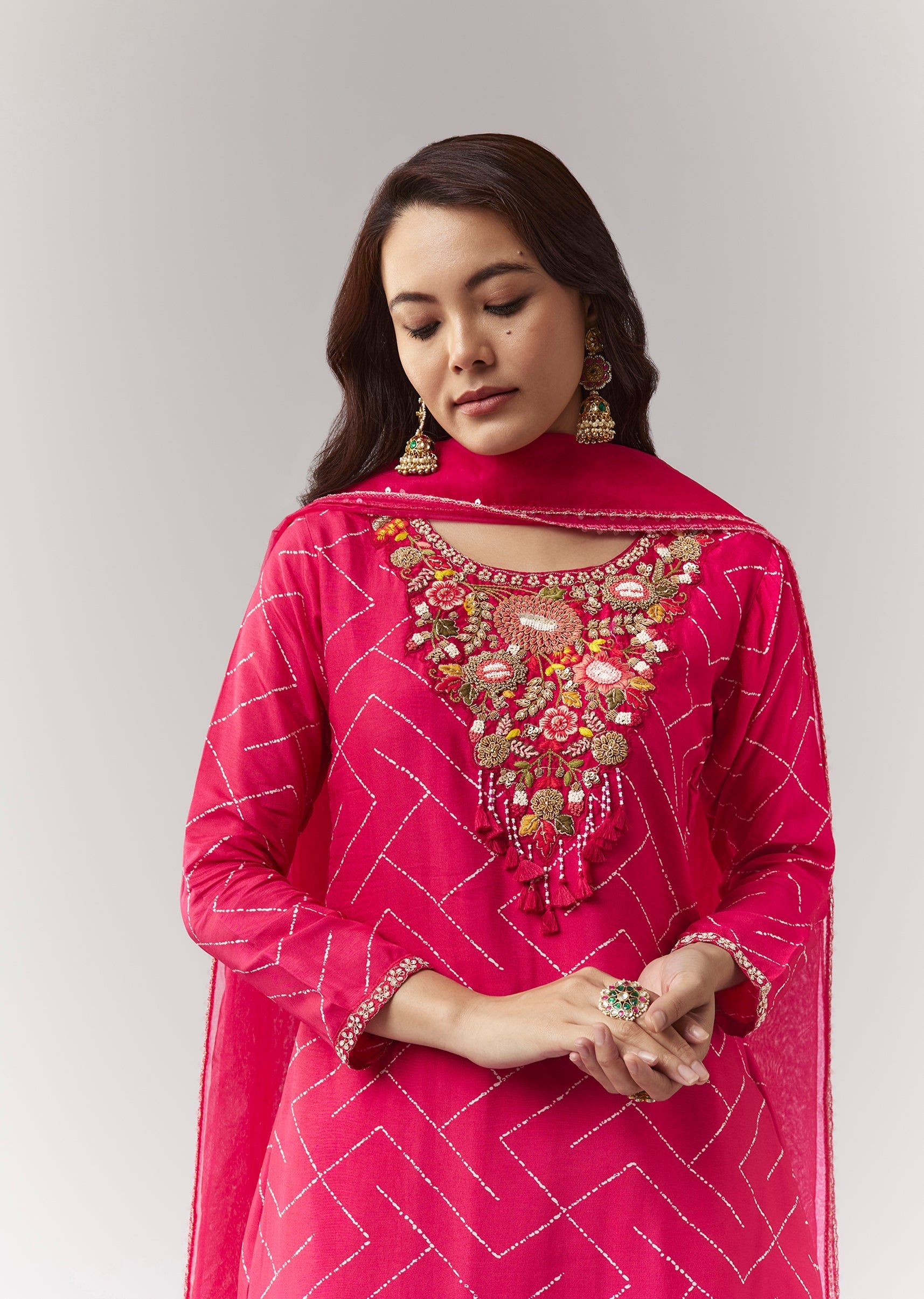 Pink Printed Kurta Pant Set With Embroidered Yoke And Dupatta