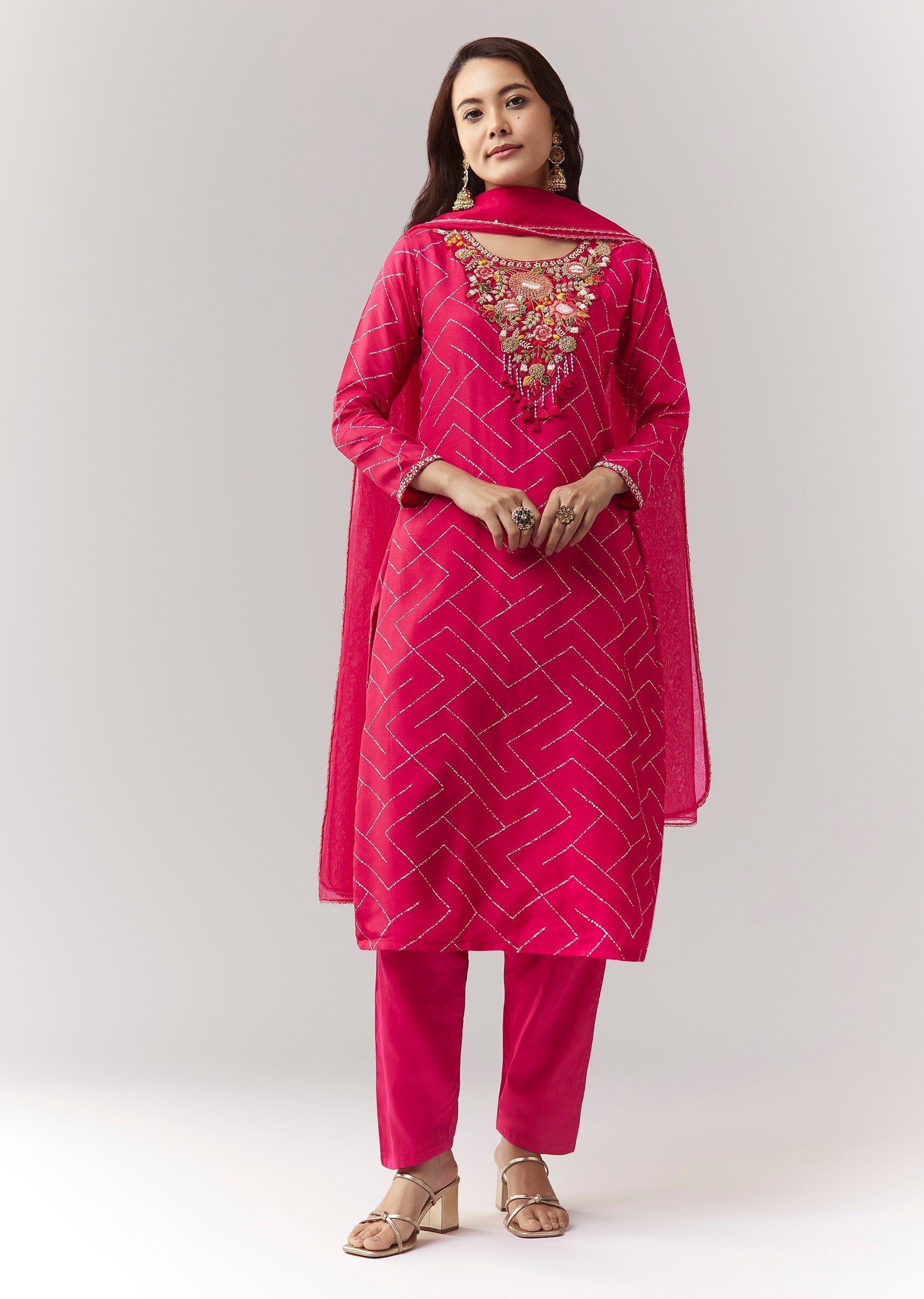 Pink Printed Kurta Pant Set With Embroidered Yoke And Dupatta