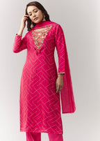 Pink Printed Kurta Pant Set With Embroidered Yoke And Dupatta
