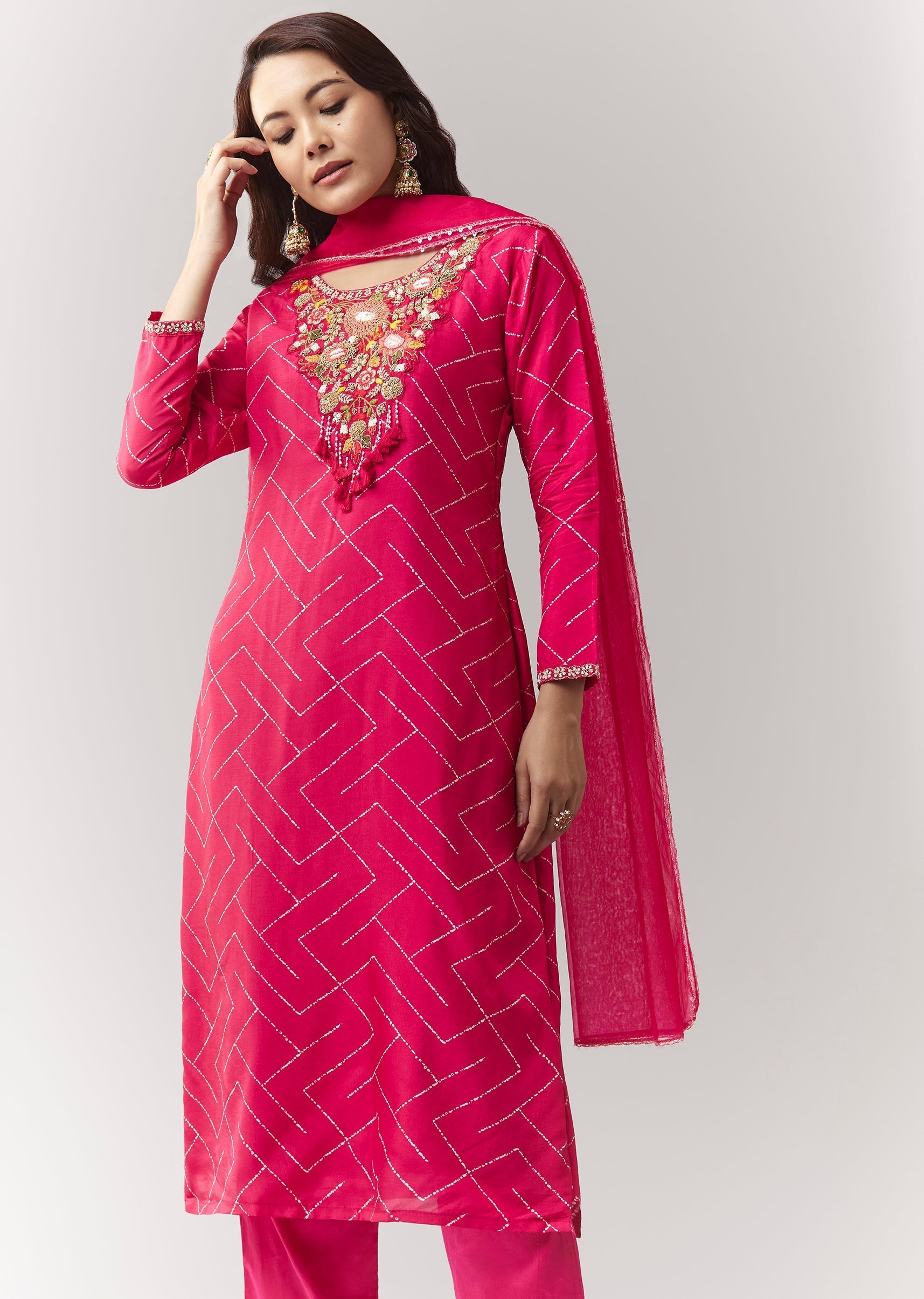 Pink Printed Kurta Pant Set With Embroidered Yoke And Dupatta