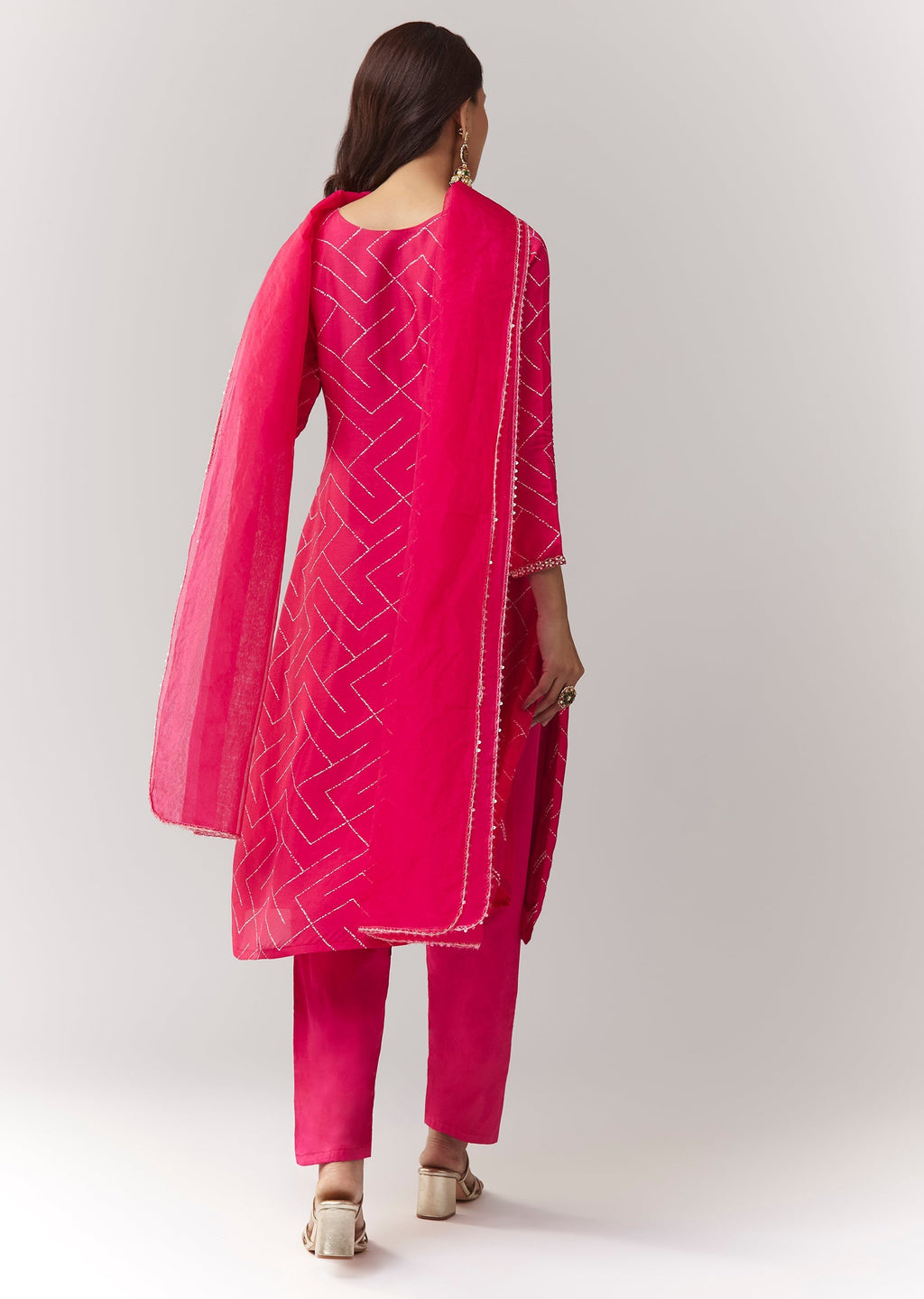 Pink Printed Kurta Pant Set With Embroidered Yoke And Dupatta