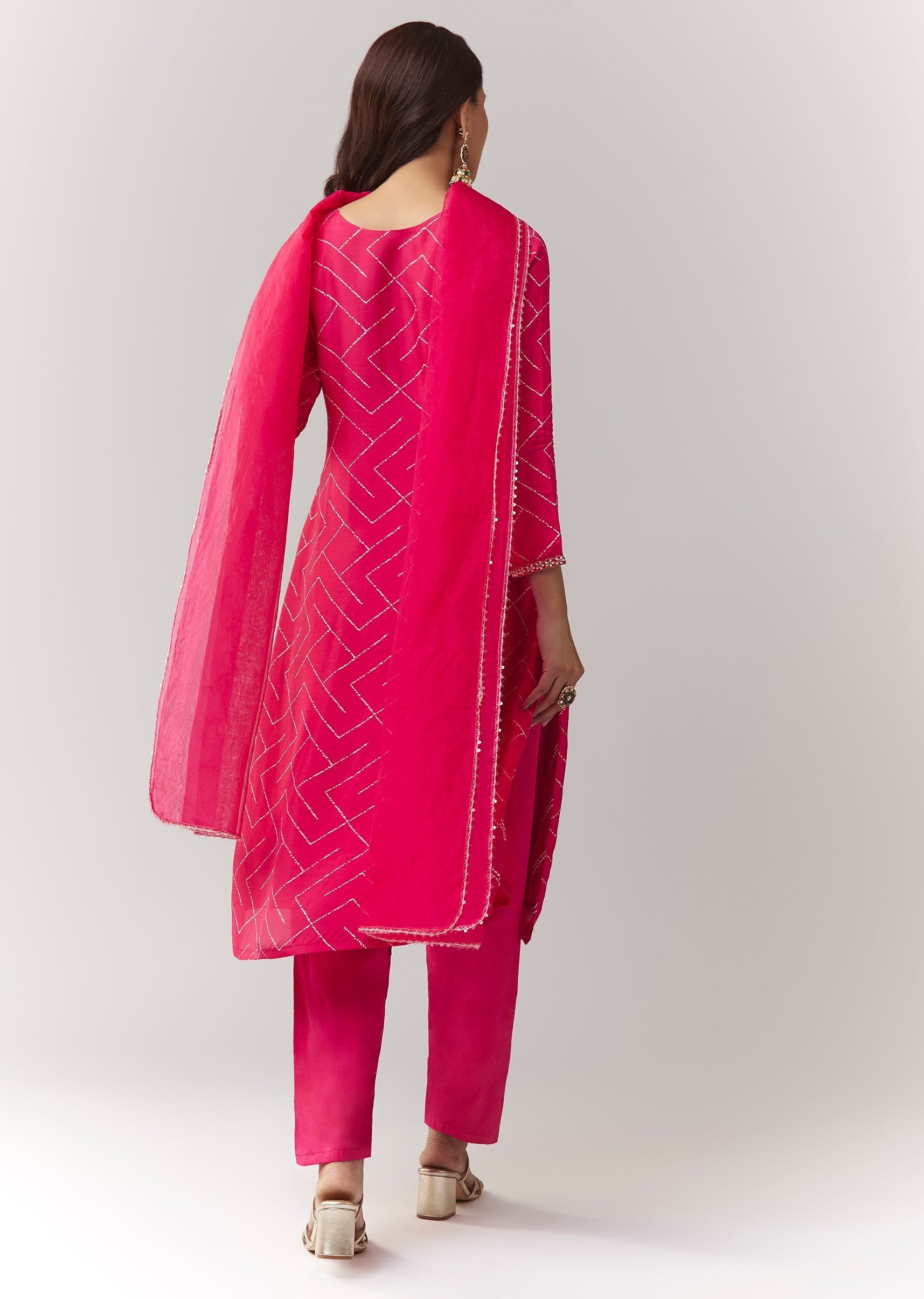 Pink Printed Kurta Pant Set With Embroidered Yoke And Dupatta