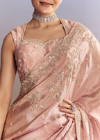Pink Satin Saree With Scalloped Embroidery