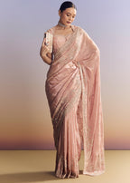 Pink Satin Saree With Scalloped Embroidery