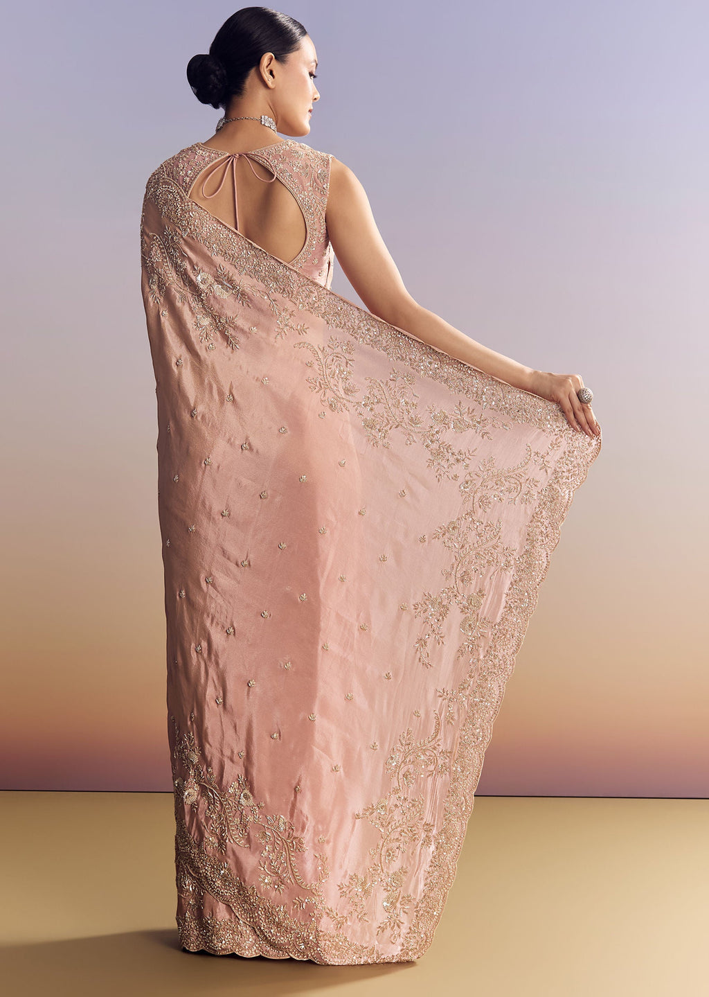Pink Satin Saree With Scalloped Embroidery