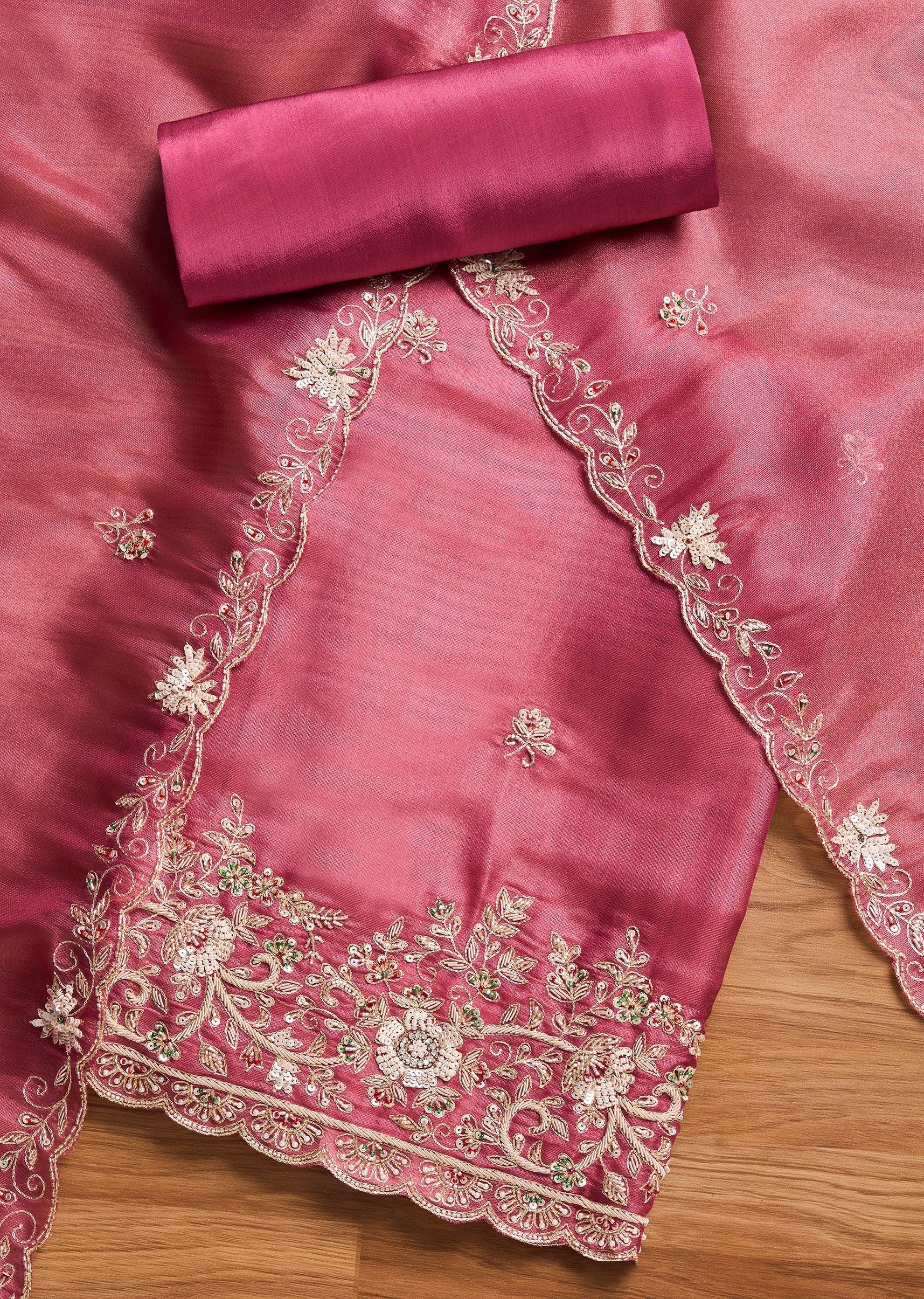 Pink Satin Unstitched Suit With Dupatta