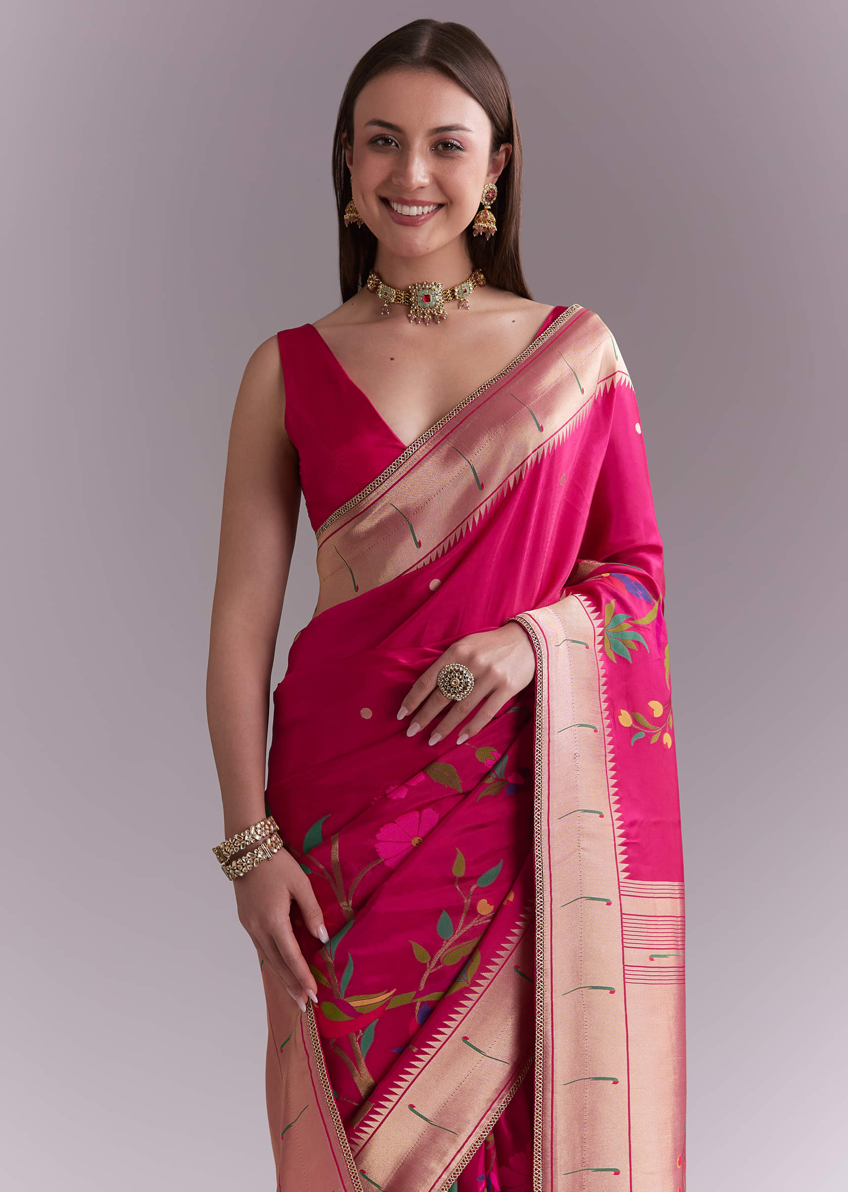 Pink Silk Muniya Paithani Saree With Multicolour Floral Motifs