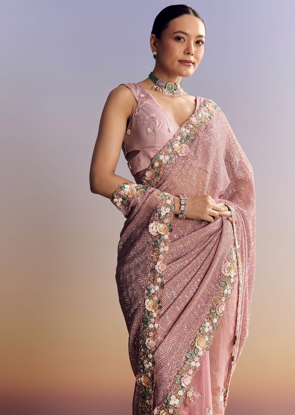 Pink Tissue Half And Half Saree With Floral Sequin Embroidery