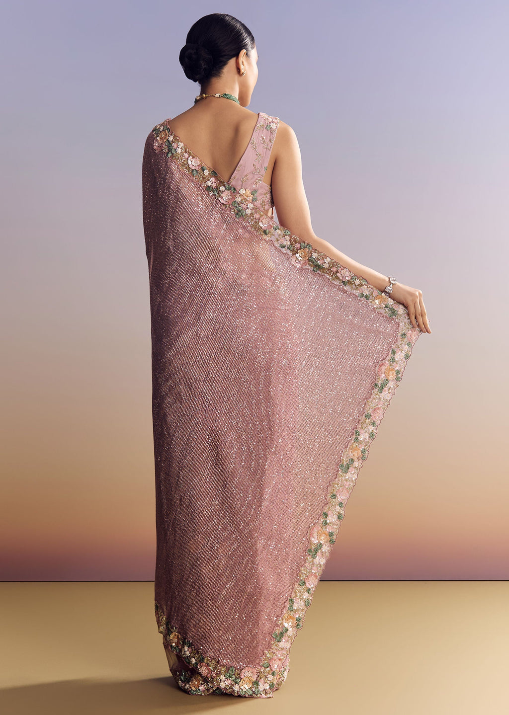 Pink Tissue Half And Half Saree With Floral Sequin Embroidery