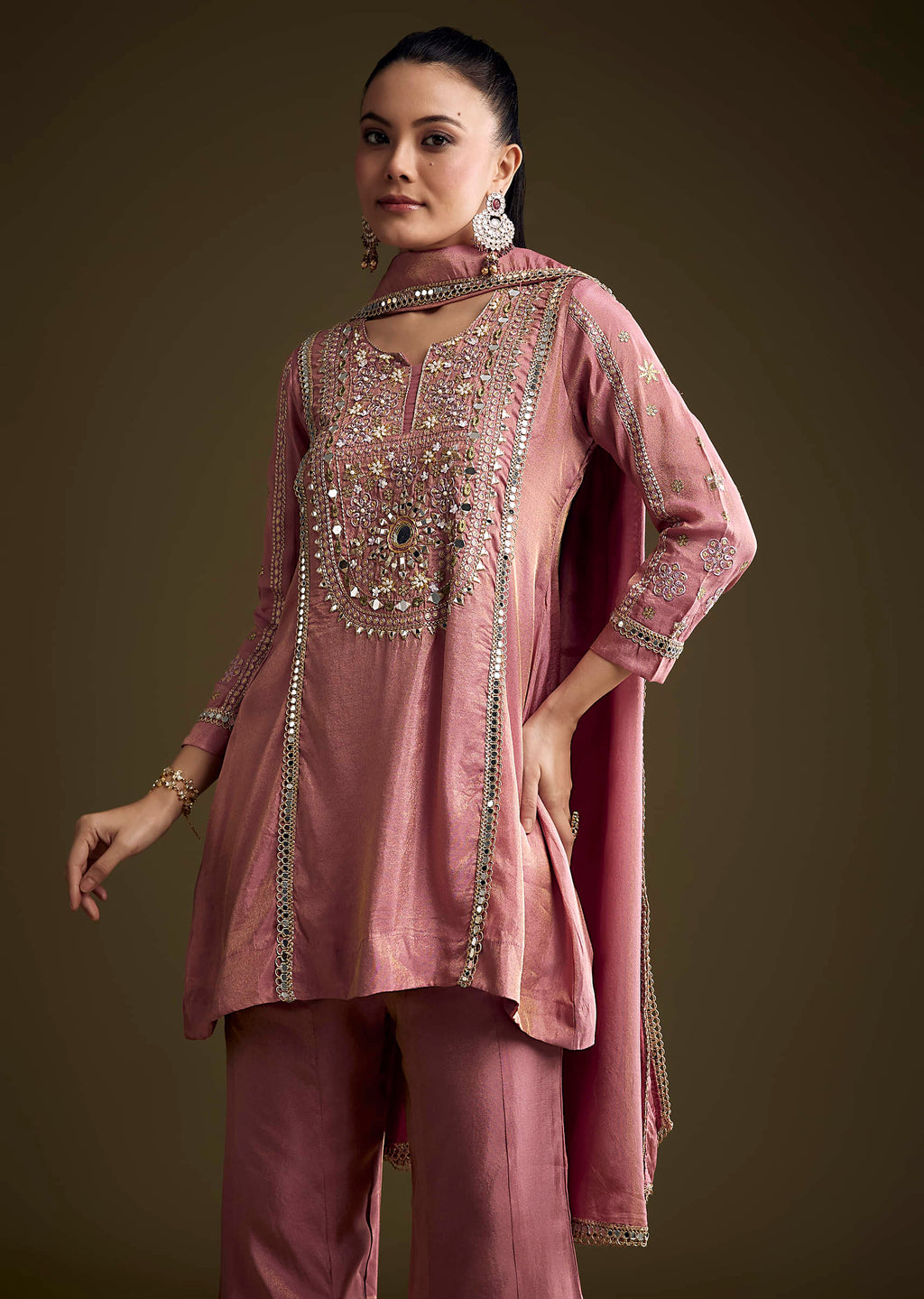 Pink Tissue Palazzo Suit With Mirror And Zari Embroidery