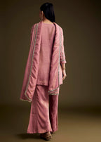 Pink Tissue Palazzo Suit With Mirror And Zari Embroidery