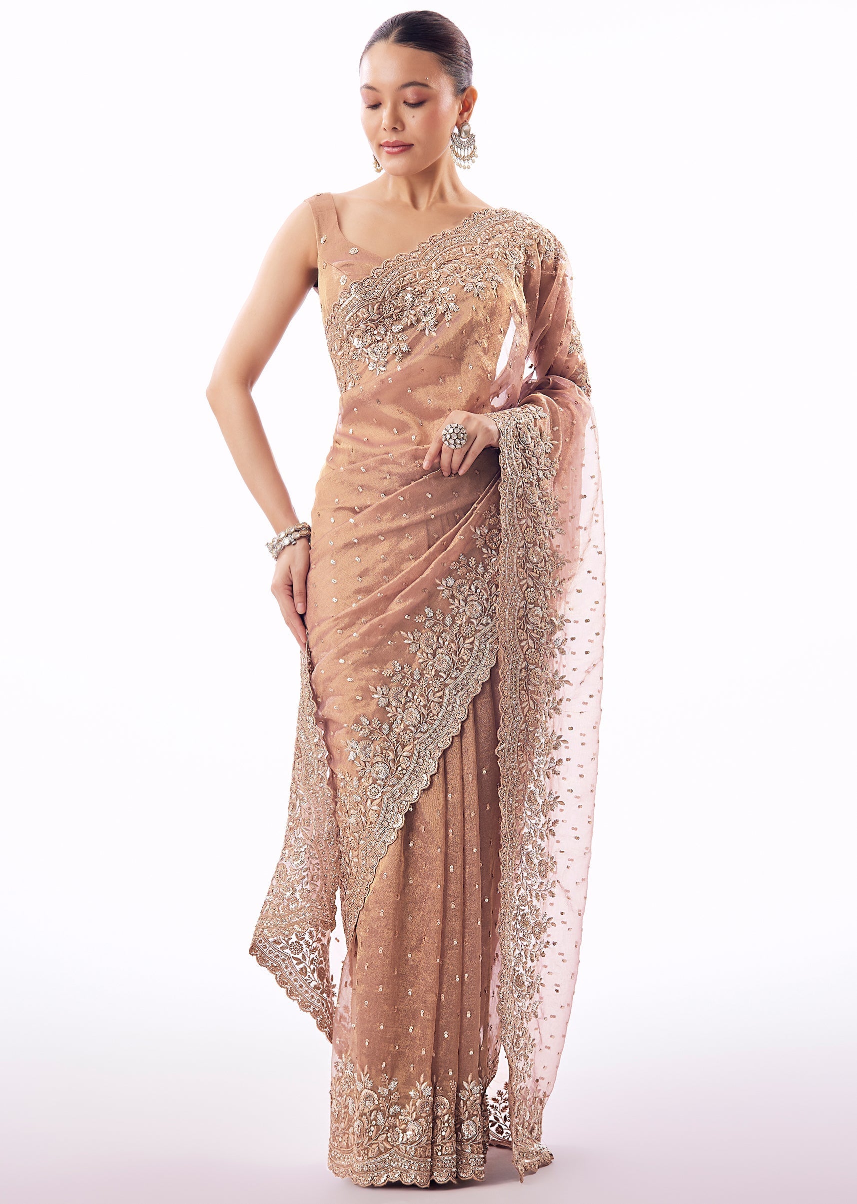 Pink Tissue Saree With Heavy Sequin And Cutdana Embroidered Border