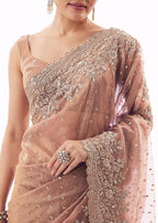 Pink Tissue Saree With Heavy Sequin And Cutdana Embroidered Border