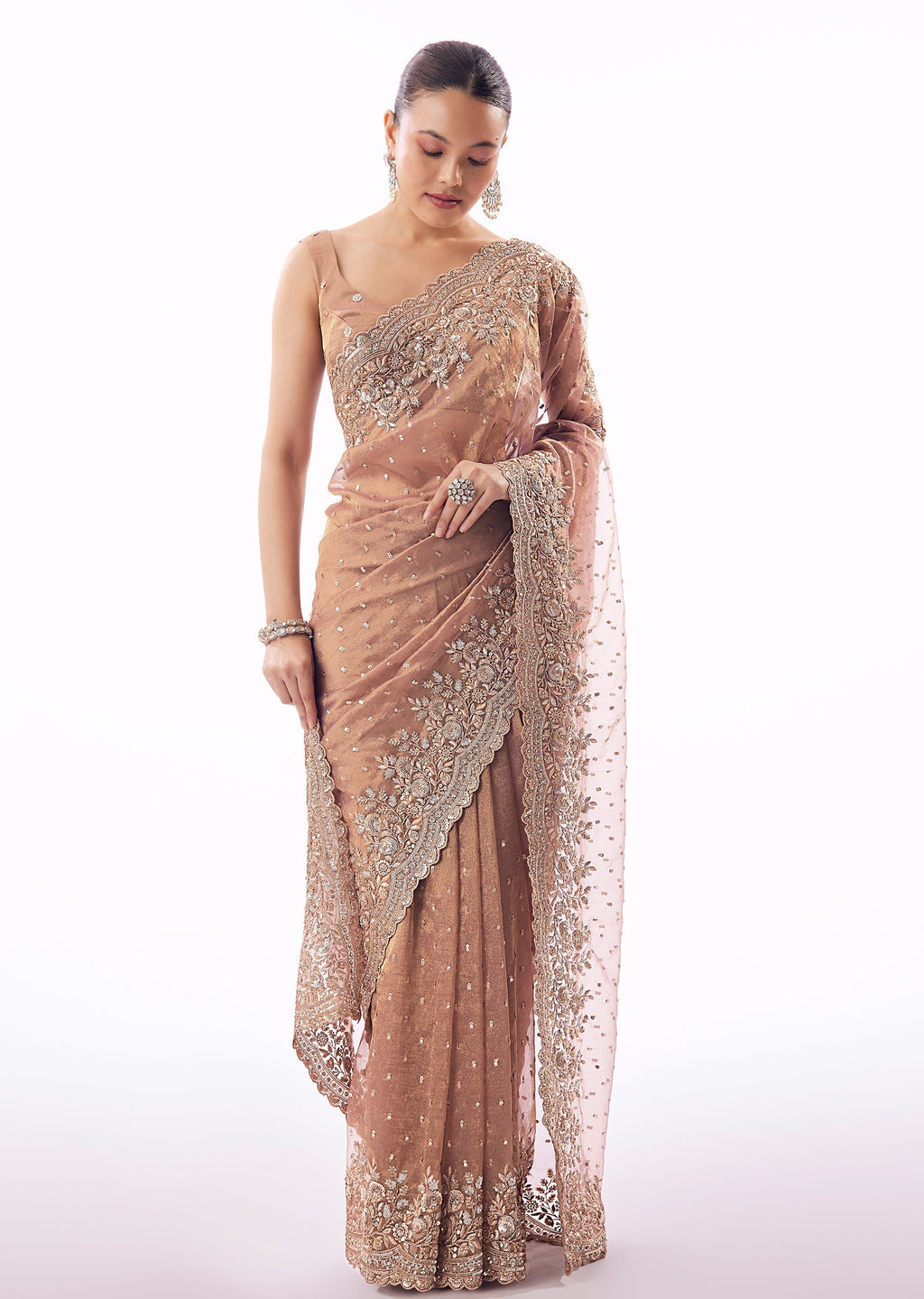 Pink Tissue Saree With Heavy Sequin And Cutdana Embroidered Border