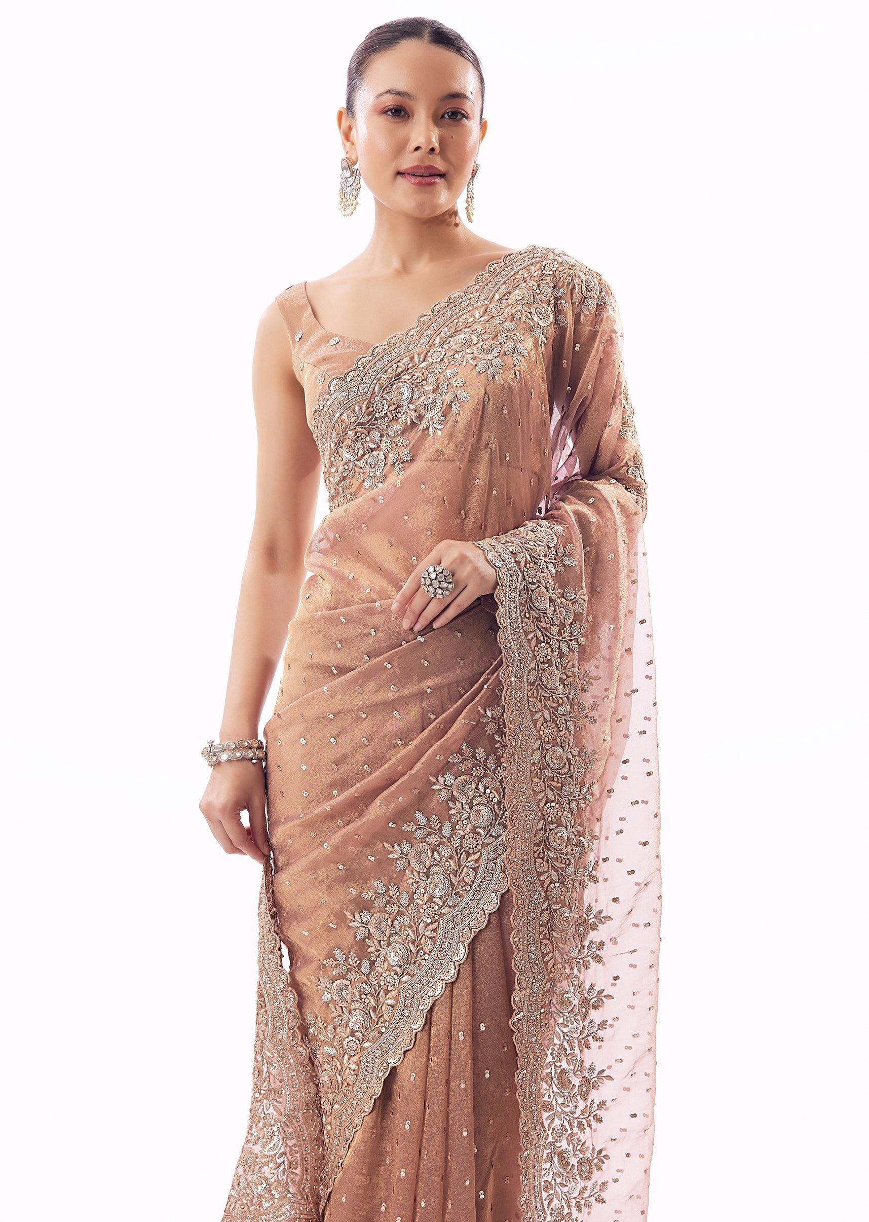 Pink Tissue Saree With Heavy Sequin And Cutdana Embroidered Border