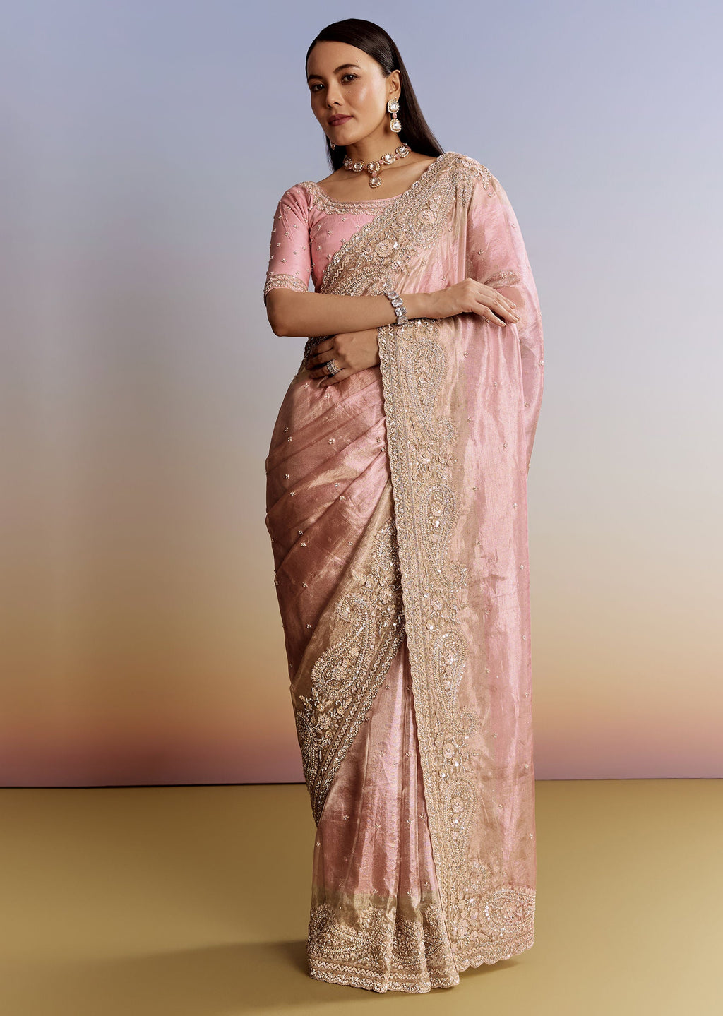 Pink Tissue Saree With Zardosi Moti And Cutdana Blouse