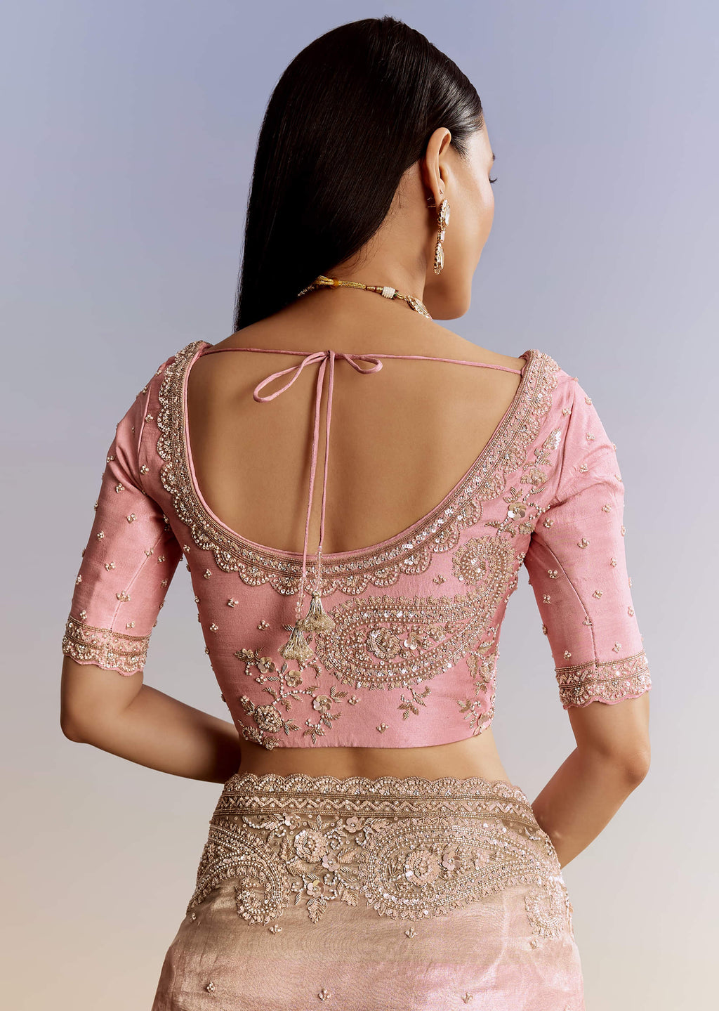 Pink Tissue Saree With Zardosi Moti And Cutdana Blouse