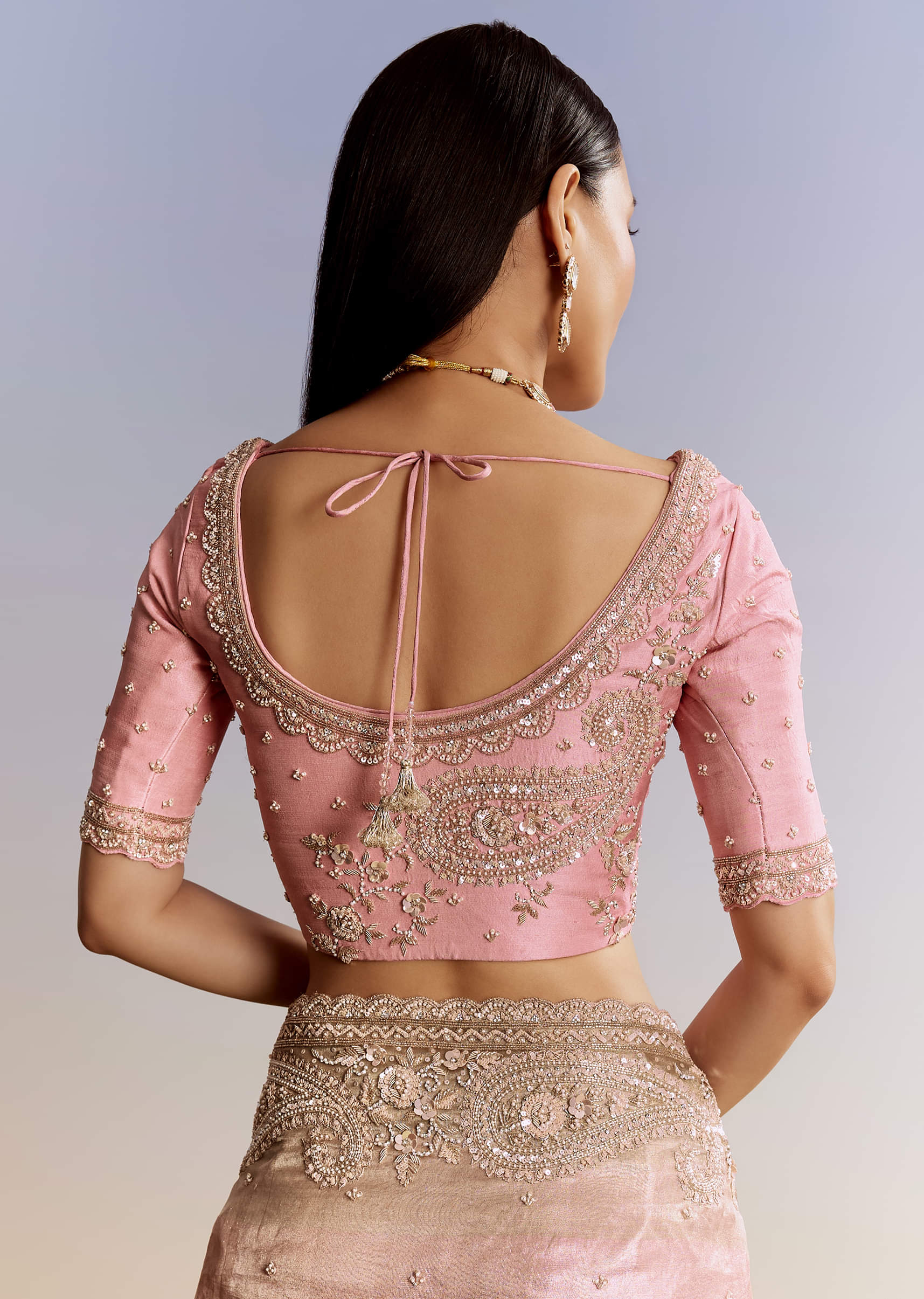 Pink Tissue Saree With Zardosi Moti And Cutdana Blouse