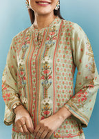Pista Green Floral Co-ord Set With Cut Dana And Sequins Work