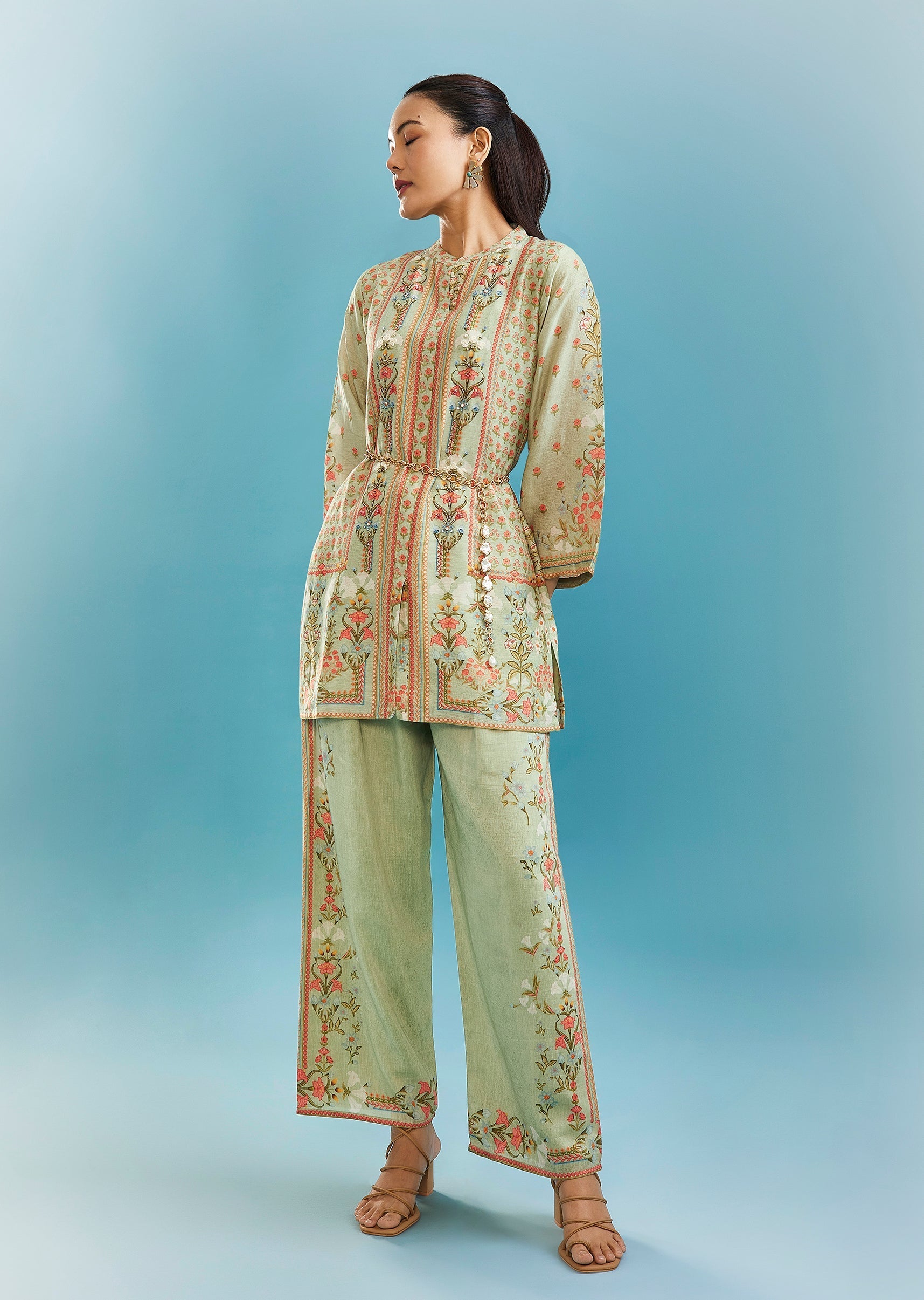 Pista Green Floral Co-ord Set With Cut Dana And Sequins Work