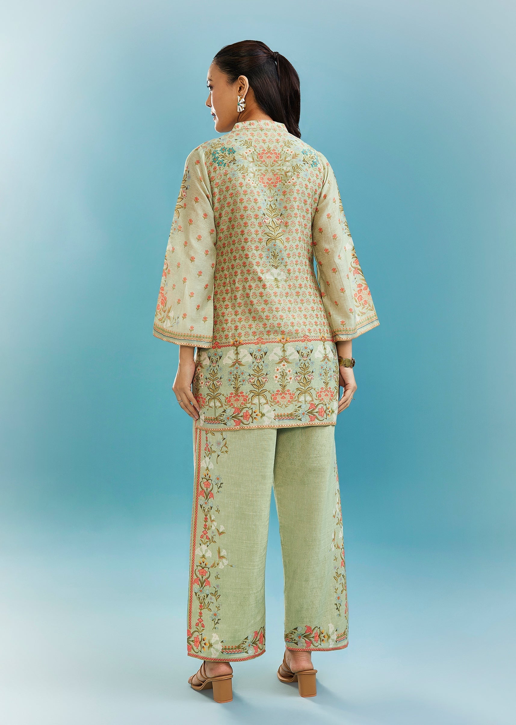 Pista Green Floral Co-ord Set With Cut Dana And Sequins Work