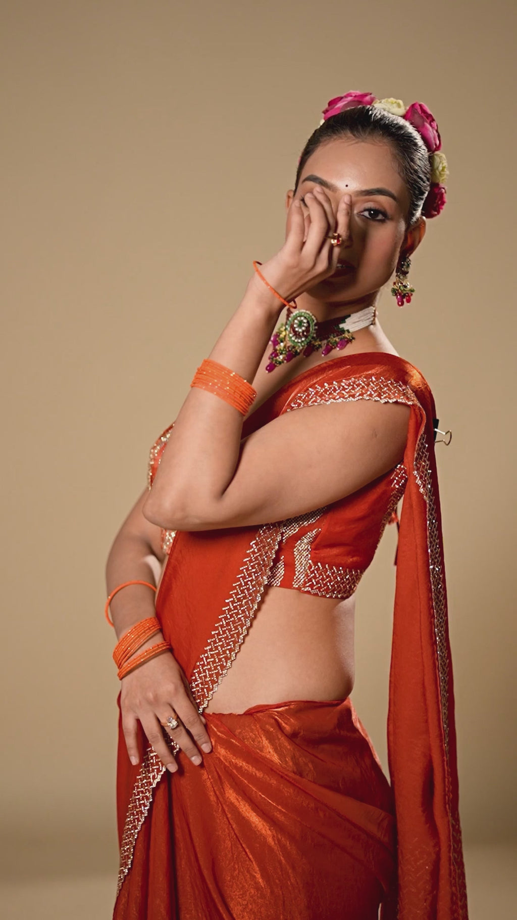 Burnt Orange Tissue Silk Saree With Rhinestone Border