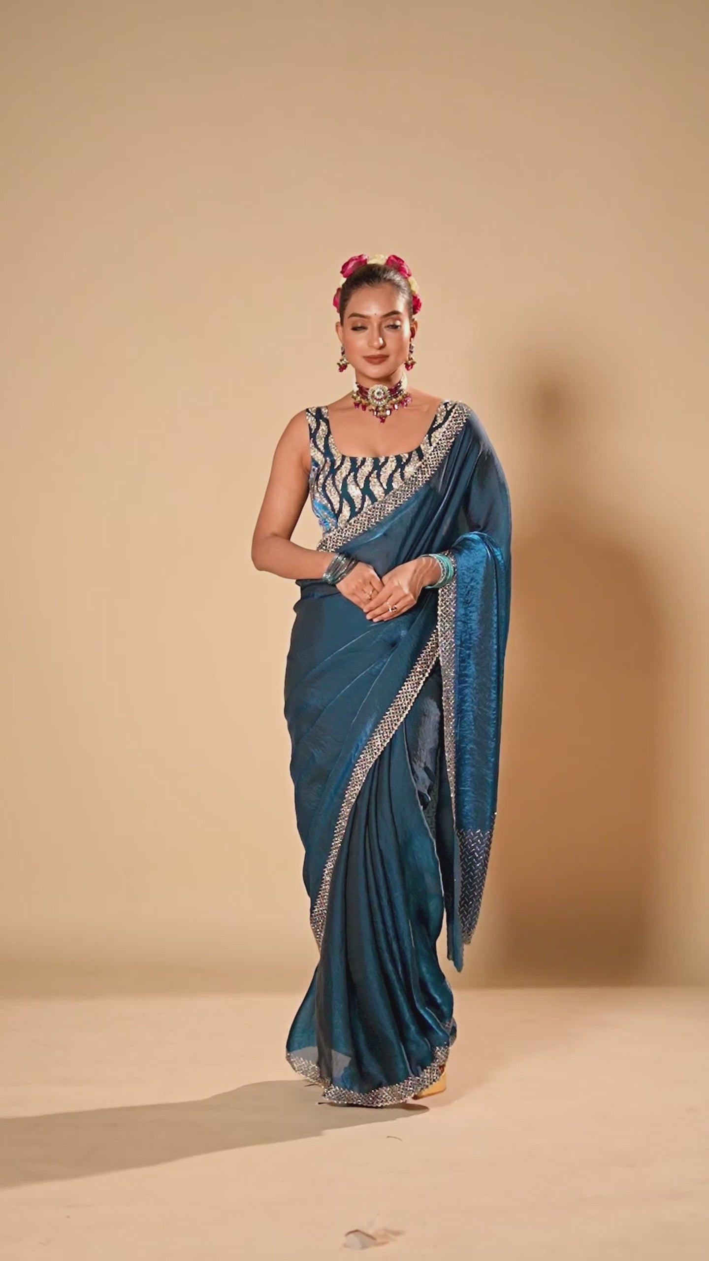 Royal Blue Tissue Silk Saree With Stone Work Border