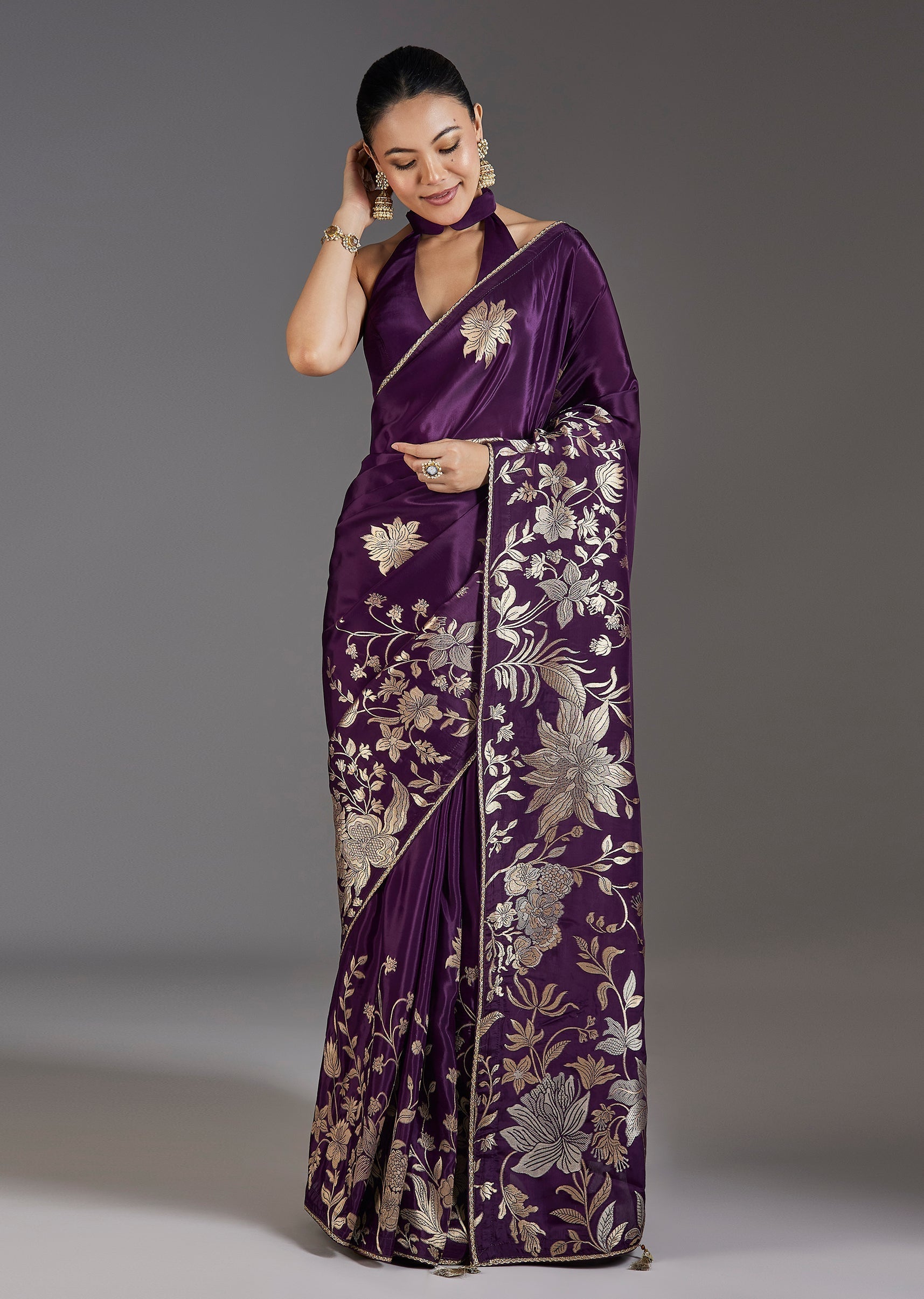 Elegant Purple Dola Silk Zari Butti Saree