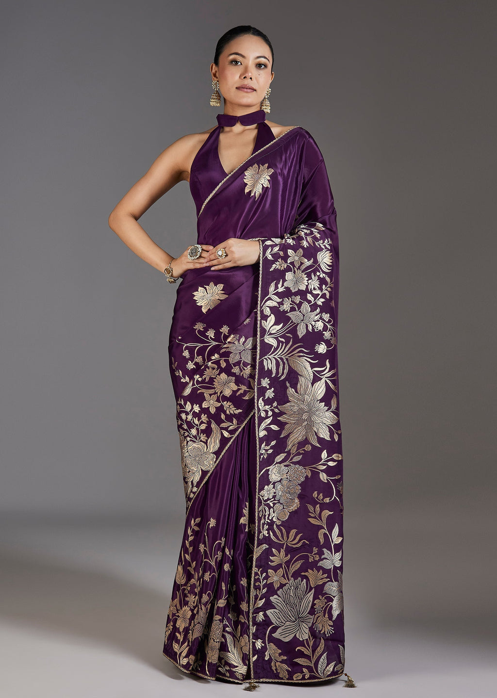 Elegant Purple Dola Silk Zari Butti Saree