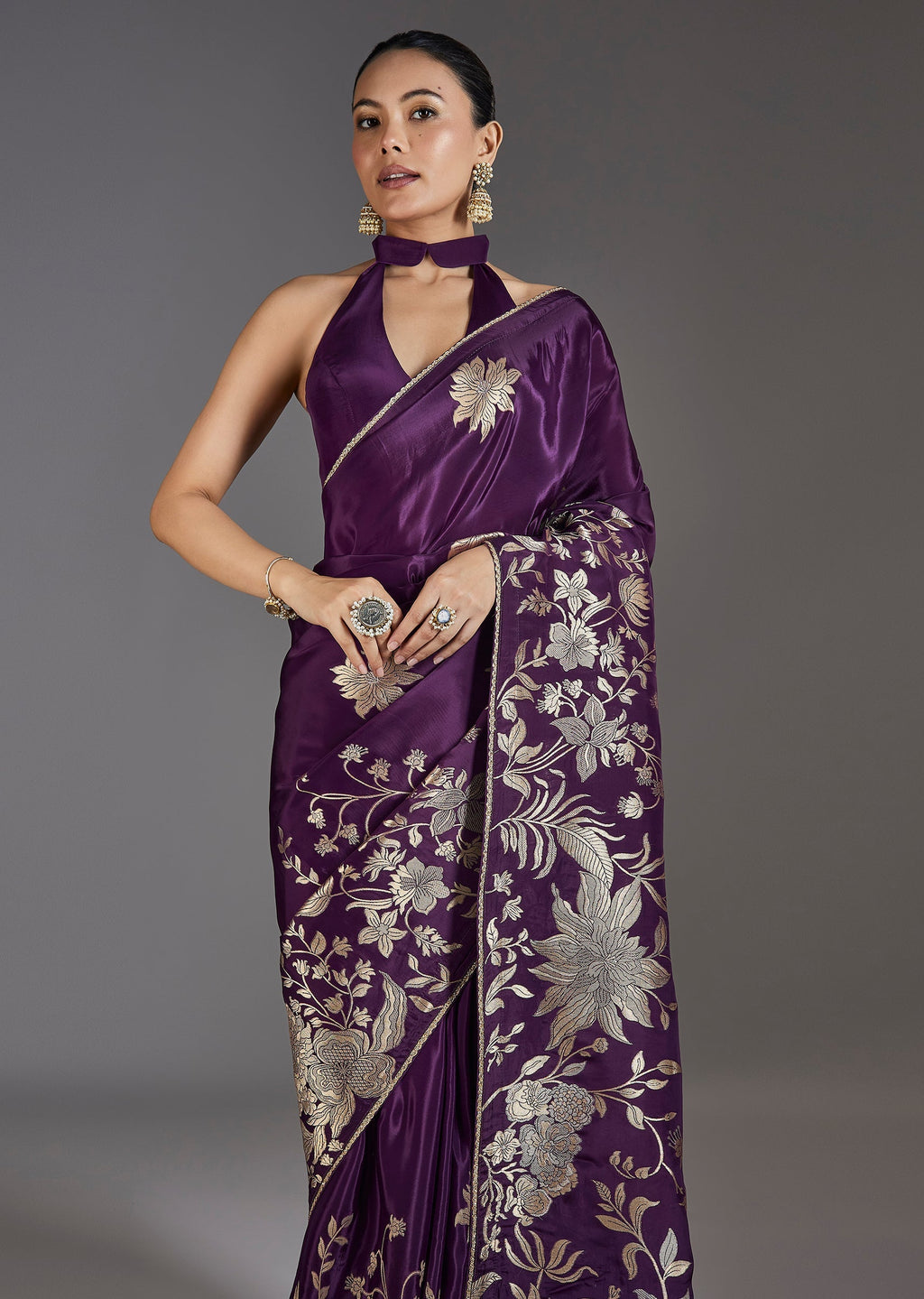 Elegant Purple Dola Silk Zari Butti Saree