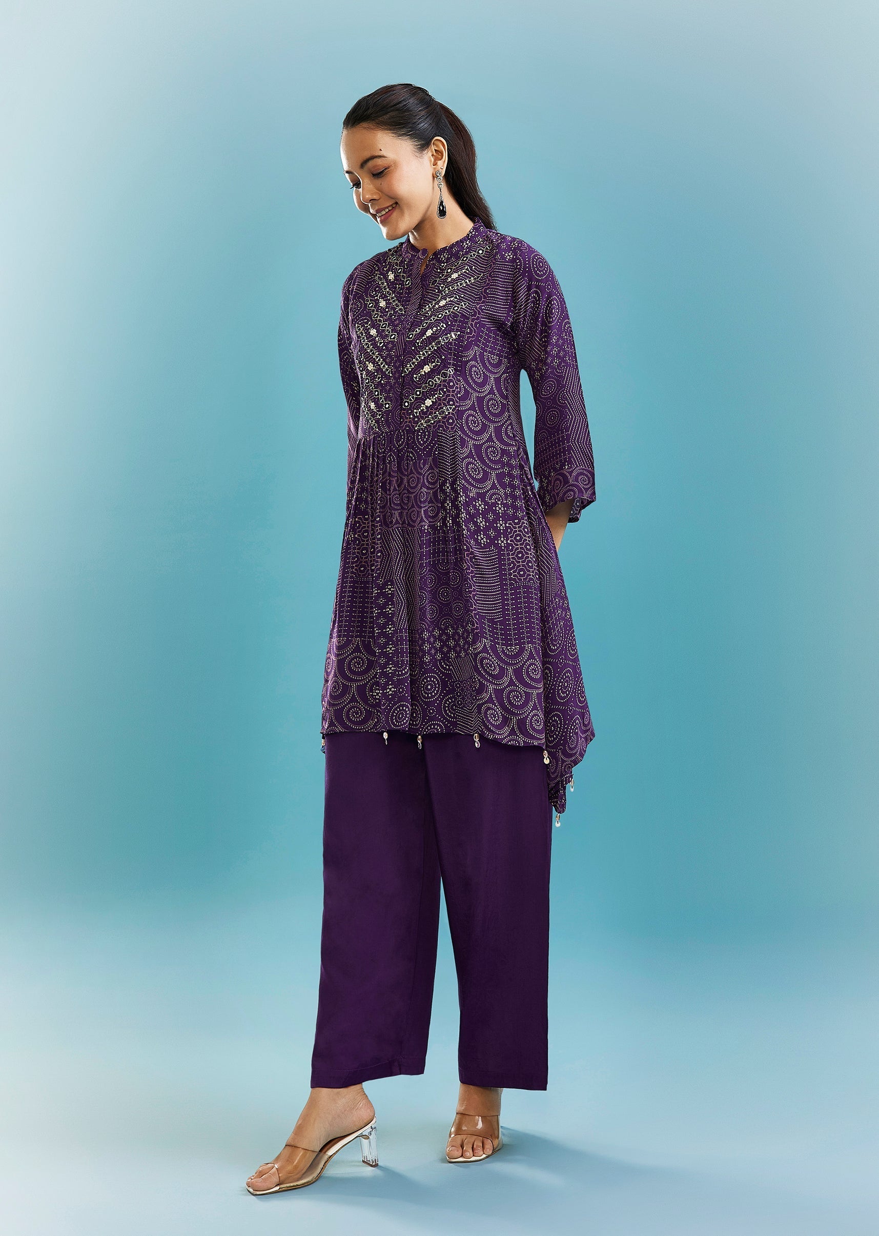 Purple Indo-Western Co-ord Set With Mirror And Cut Dana Work