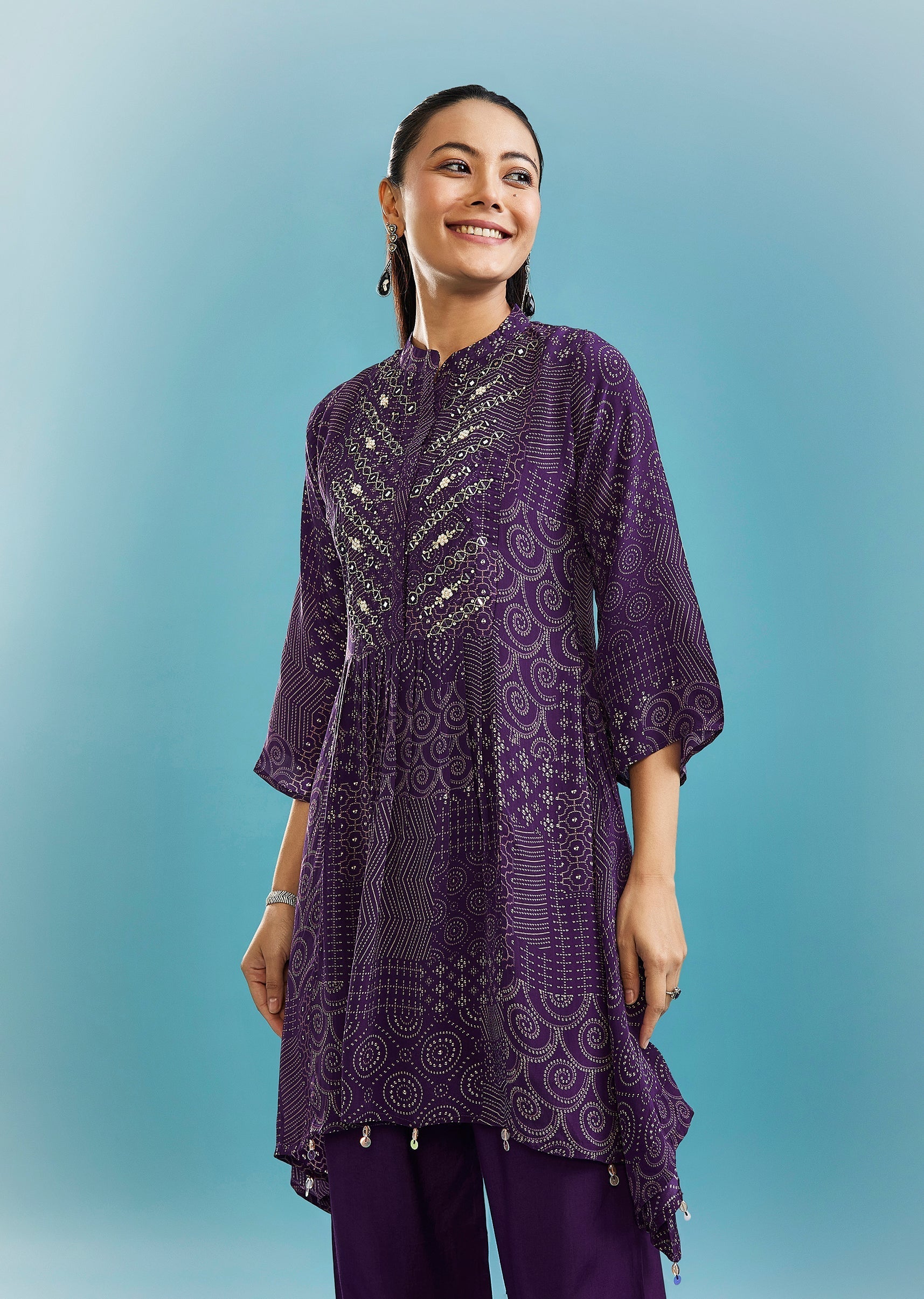 Purple Indo-Western Co-ord Set With Mirror And Cut Dana Work