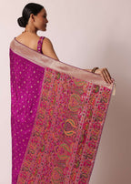 Purple Banarasi Silk Handloom Saree With Woven Motifs And Unstitched Blouse Piece