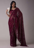 Wine Sequins Saree With An Embellished Border