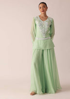 Green Organza Kurta And Palazzo Set With Embroidery And Belt
