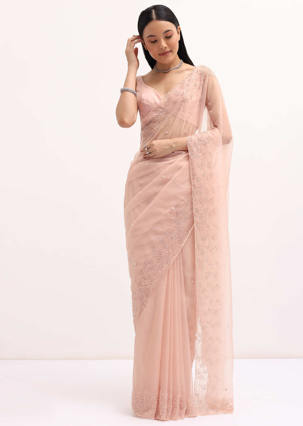 Peach Organza Embroidered Saree With Unstitched Blouse