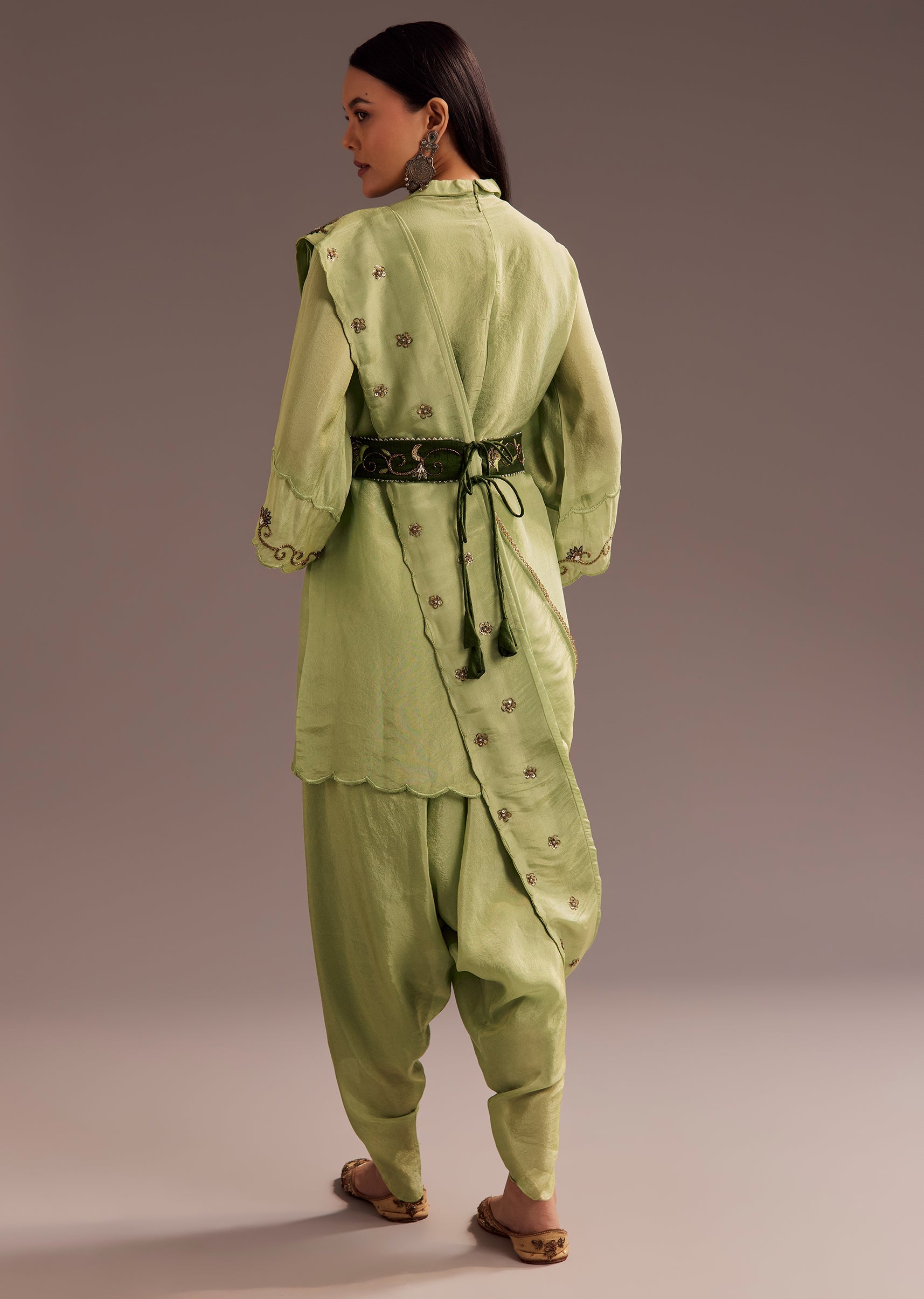 Light Green Zardosi Kurta With Embroidered Dupatta Belt