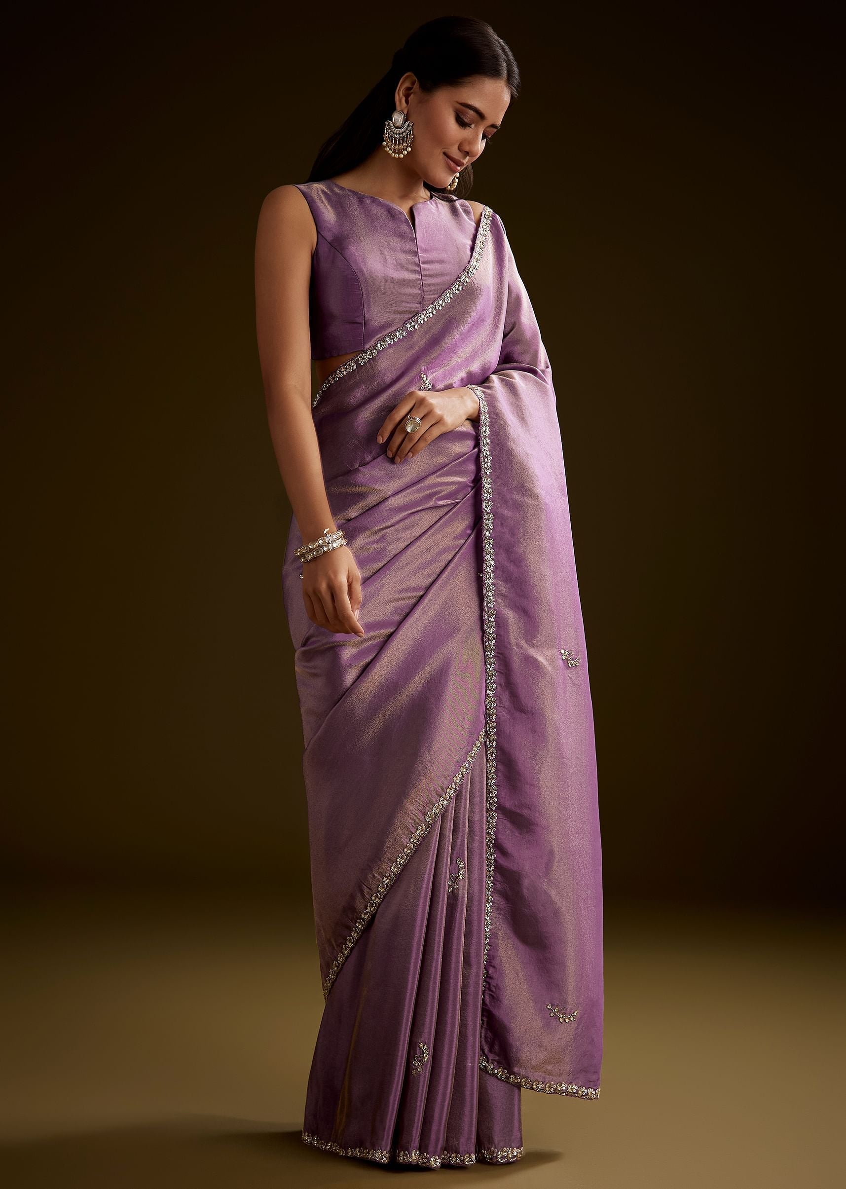 Lilac Tissue Saree With Cutdana Embroidery And Scallop Border